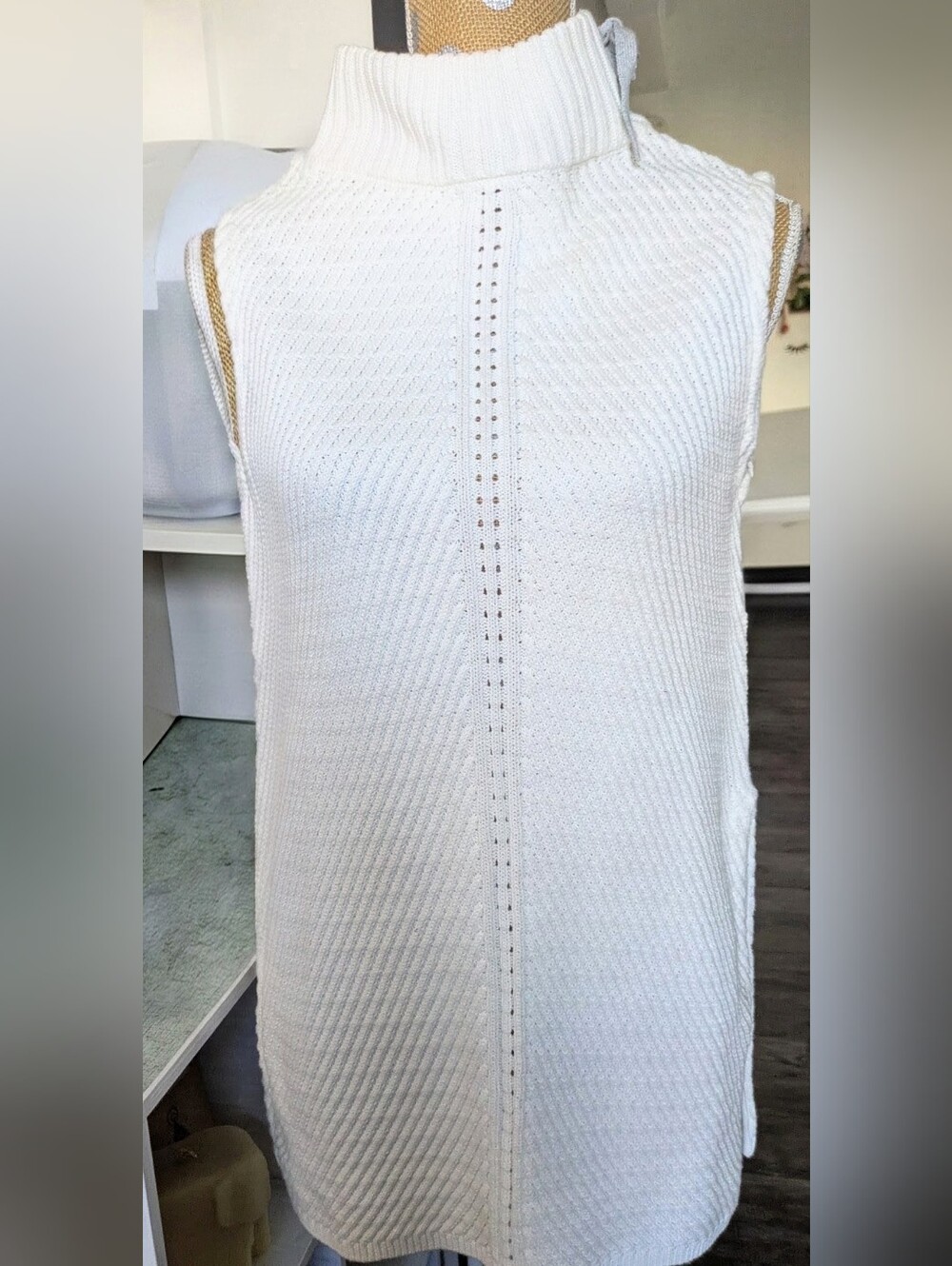 Raffi Cream 100% Cotton Sleeveless Sweater | High Neck Bow | Side Slits | Like N